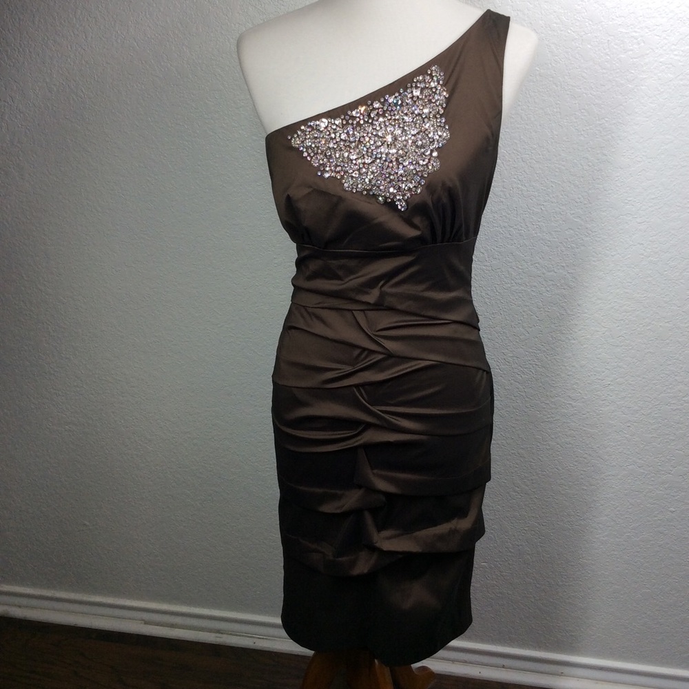 Nicole Miller Studded Embellished One Shoulder Ruched Satin Slim Brown Dress